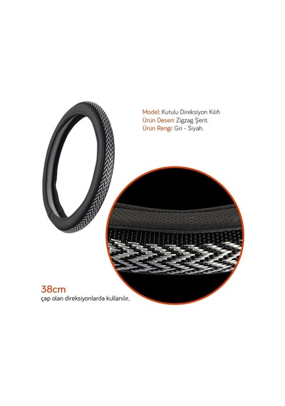 Nyf F-334 Geçmeli Direksiyon Kılıfı Zigzag Gri-siyah Şerit 38 Cm