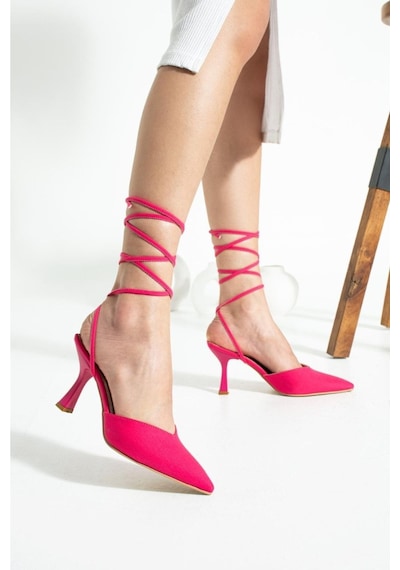 Duxal Shoes Fuşya Ipli Bilekten Bağlamalı Saten Kadın Topuklu Ayakkabı Fuşya
