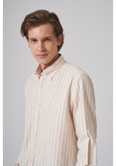 Morven Erkek Bej Pamuk Trend Çizgili Regular Fit Düğmeli Yaka Gömlek 26ms004013653 Bej
