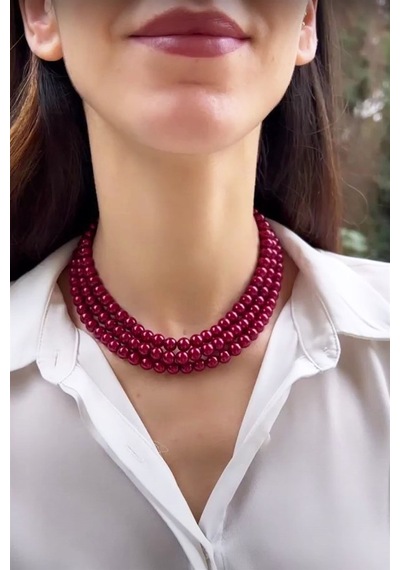 Bordo Üç Sıra İnci Kolye Beyaz