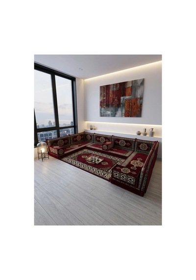 Güneş Modeli Bordo Otantik Şark Köşesi Takımı U Set - Geleneksel Yer Minderi Seti 10 Cm Minder Kalınlığı 15 Parça