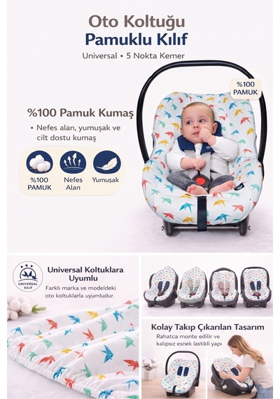 Pamuklu Bebek Oto Koltuğu Kılıfı - Oeko-tex Sertifikalı Universal Puset Kılıfı Terletmez Turna