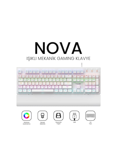 Nova Mk104 Rainbow Bilek Destekli Türkçe Fullanti-ghosting Mekanik Oyuncu Klavyesi Beyaz Blue Switch