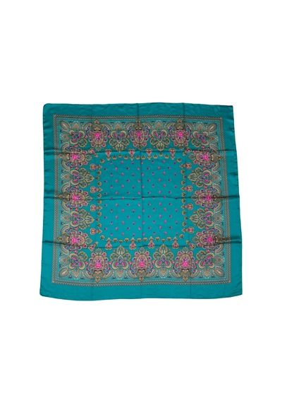 Tikitonki Etnik Çiçek Desenli Saten Yeşil Eşarp - 90x90 Yeşil Yeşil