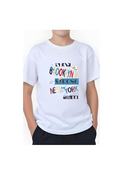 Panios Kids Brooklyn Strong Baskılı Erkek Çocuk Kısa Kollu T-shirt Beyaz