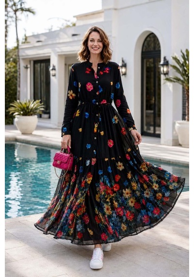 Hb Harma Time Butik Kadın Düğmeli Çiçek Desenli Modal Siyah Elbise Siyah Siyah