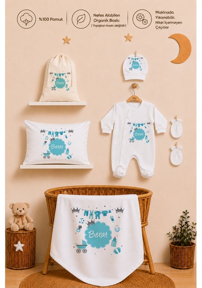 Pia Baby İsme Özel Hastane Çıkışı %100 Pamuk Erkek Bebek Organik Baskılı Tulum Set Keseli Hediyelik 2031tybkyx Krem