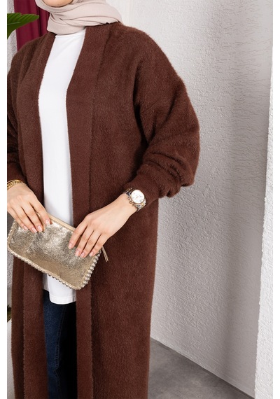 Hira Life Fashion Kadın Şal Yaka Uzun Triko Ve Sakallı Tüylü Hırka Kahverengi Kahverengi
