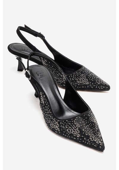 Luvishoes Nella Siyah Platin Taşlı Kadın Topuklu Ayakkabı Siyah