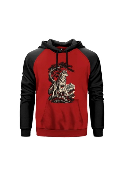 Koruyucu Bozkurt Kırmızı Renk Reglan Kol Sweatshirt Kapşonlu