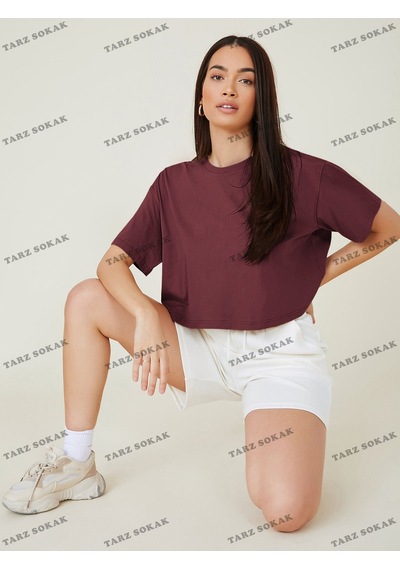 Flood Of Style Crop Ckod-232913 Pamuk Damla Omuz Düz Kısa Bordo