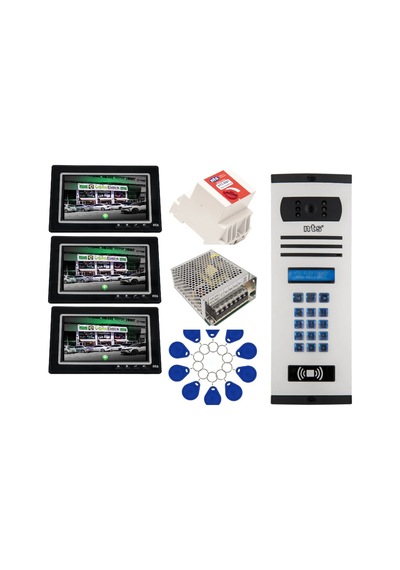 3 Daire Nts 2015-s 7'' Görüntülü Diafon Siyah-8004 Tuş Takımlı Şifreli+geçişli Zil Panelli Set