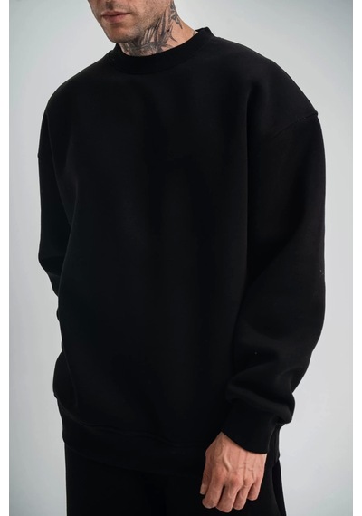 Uzun Kol Bisiklet Yaka Basic Sweatshirt - Siyah Siyah
