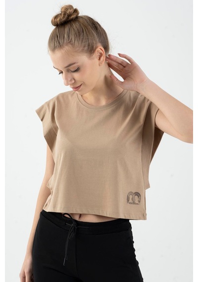 Maraton Regular Kadın Bisiklet Yaka Açık Vizon Crop Top Vizon