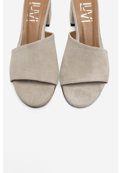 Luvi Shoes Delavıe Bej Süet Hakiki Deri Kadın Kalın Topuklu Terlik
