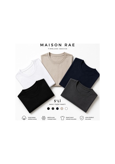 Masion Rae Erkek 5'li Basic Tişört Seti Regular Fit Bisiklet Yaka %100 Pamuk 30/1 Süprem Siyah-beyaz-lacivert-antrasit-bej