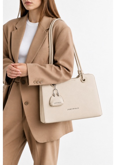 Just Polo Kadın Yeni Sezon Büyük Boy Aksesuar Detaylı Günlük Şık Kol Çantası Shopper Krem