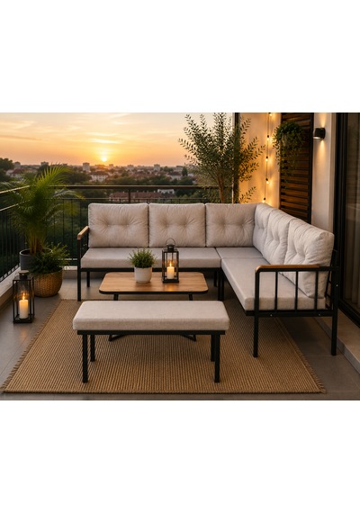Riva Metal Bahçe Balkon Köşe Takımı Siyah Boyalı İskelet Keten Kumaş Süngerli 180x120 Cm Cappuccino Riva Metal Bahçe Balkon Köşe Takımı Siyah Boyalı İskelet Keten Kumaş Süngerli 180x120 Cm Cappuccino