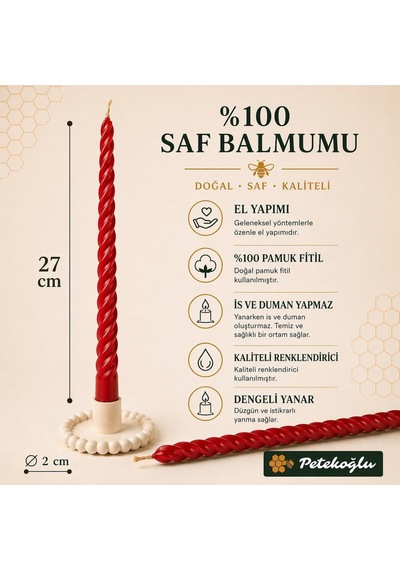 Petekoğlu Kırmızı 2 Adet 27.5 Cm Konik Burgulu Balmumu Mum Şamdan Mumu Doğal Petek Balmumu Mum Beeswax Candle Diğer