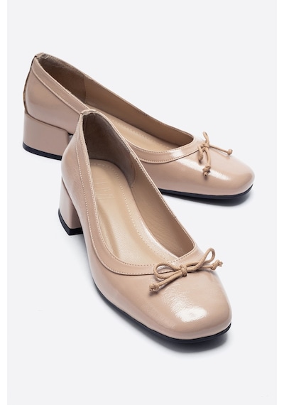 Luvi Shoes Gıpsy Koyu Bej Kırışık Rugan Fiyonklu Kadın Kısa Topuklu Ayakkabı