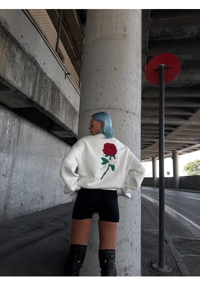 Oversize Üç İplik Bisiklet Yaka Baskılı Sweatshirt - Beyaz Beyaz