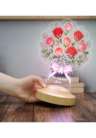 Kırmızı Ve Pembe Gül Buketi Led Lamba Kişiye Özel Sevgili, Eş Ve Yıldönümü Hediyesi