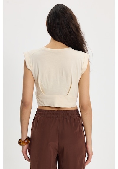 Tudors Kadın Slim Fit %100 Pamuk Pileli Yumuşak Doku Bisiklet Yaka Bej Crop Bluz-50396