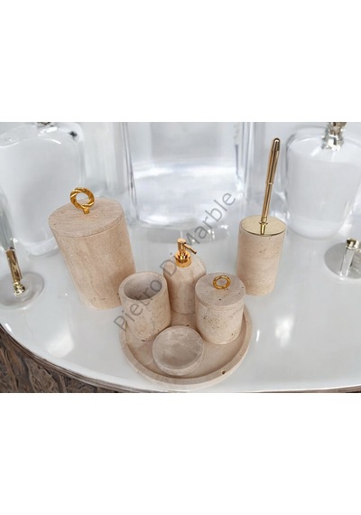 Sarı Traverten Klasik Model 7 Parça Gold Renk Halka Aksesuarlı Banyo Seti Sarı Traverten