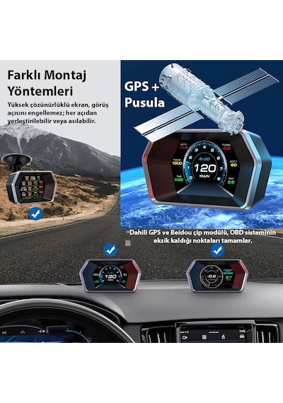 Ally P17 Hud Obd2 & Gps Çift Sistemli Araç Bilgisayarı Dijital Kilometre, Su Ve Yağ Sıcaklığı Ölçer, Hız & Alarm Göstergeli Oto Elektroniği