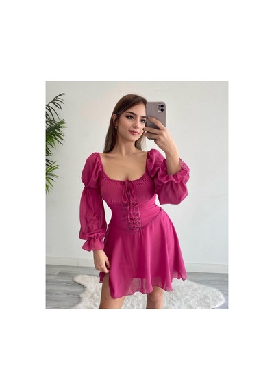 Munora Butik Kuşgözü Detaylı Şifon Fuşya Elbise Fuşya Fuşya