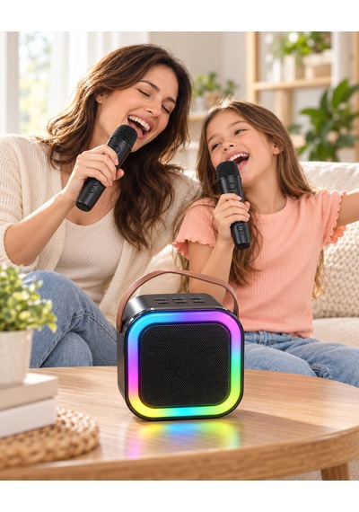 Led Işıklı Bluetooth 5.3 Karaoke Hoparlör Seti Çift Kablosuz Mikrofonlu