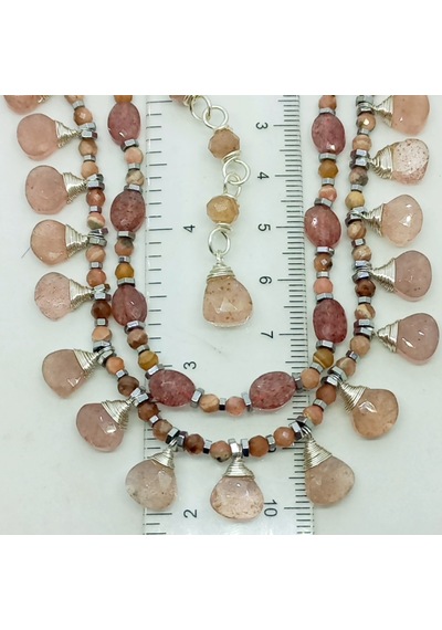 2746 Hindistan El Kesimi Çilek Kuvars Hematit Çelik Aparatlı El Yapımı Kolye 046 - Pembe