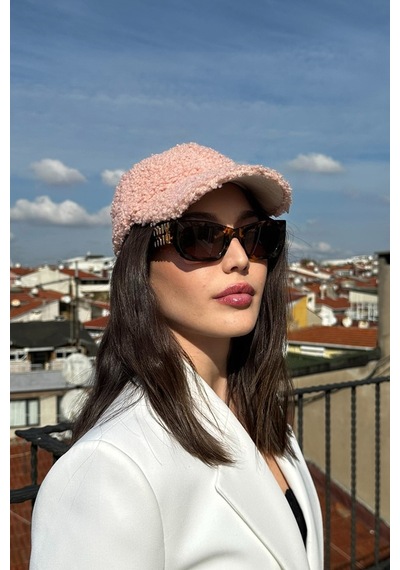 Mollycrush Kadın Teddy Dokulu Kışlık Kadın Vizör Şapka Yumuşak Kuzu Kürk Görünümlü Model Pembe