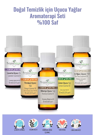 Intense Natural Biberiye 20 ML + Çay Ağacı + Portakal + Lavanta + Limon Uçucu Yağı 4 x 10 ML