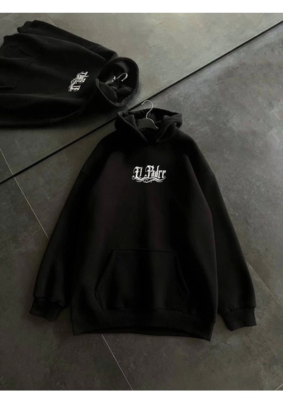 Yake Store Üç İplik Penye Uzun Kol Kapşonlu Baskılı Sweatshirt - Siyah - Siyah