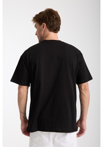 Cool Tarz Erkek Siyah Milano Nakış Yazılı Oversize Bisiklet Yaka T-shirt Siyah Siyah