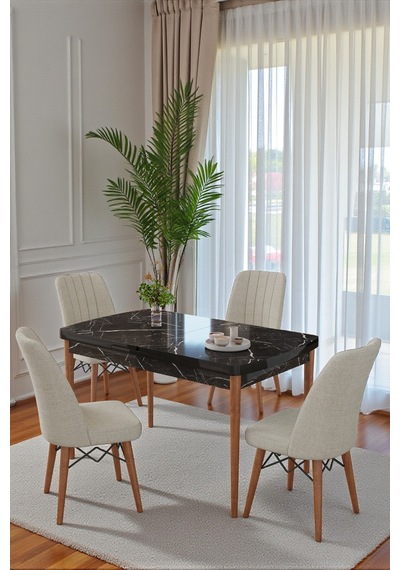 80x170cm Mutfak Masası Takımı 4 Kişilik Açılır Masa Sandalye Takımı - Siyah Mermer Masa - Krem