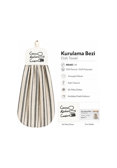 Nakış Detaylı Askılı Kurulama Bezi 40x60 Cm Çizgili Mutfak Havlusu Siyah