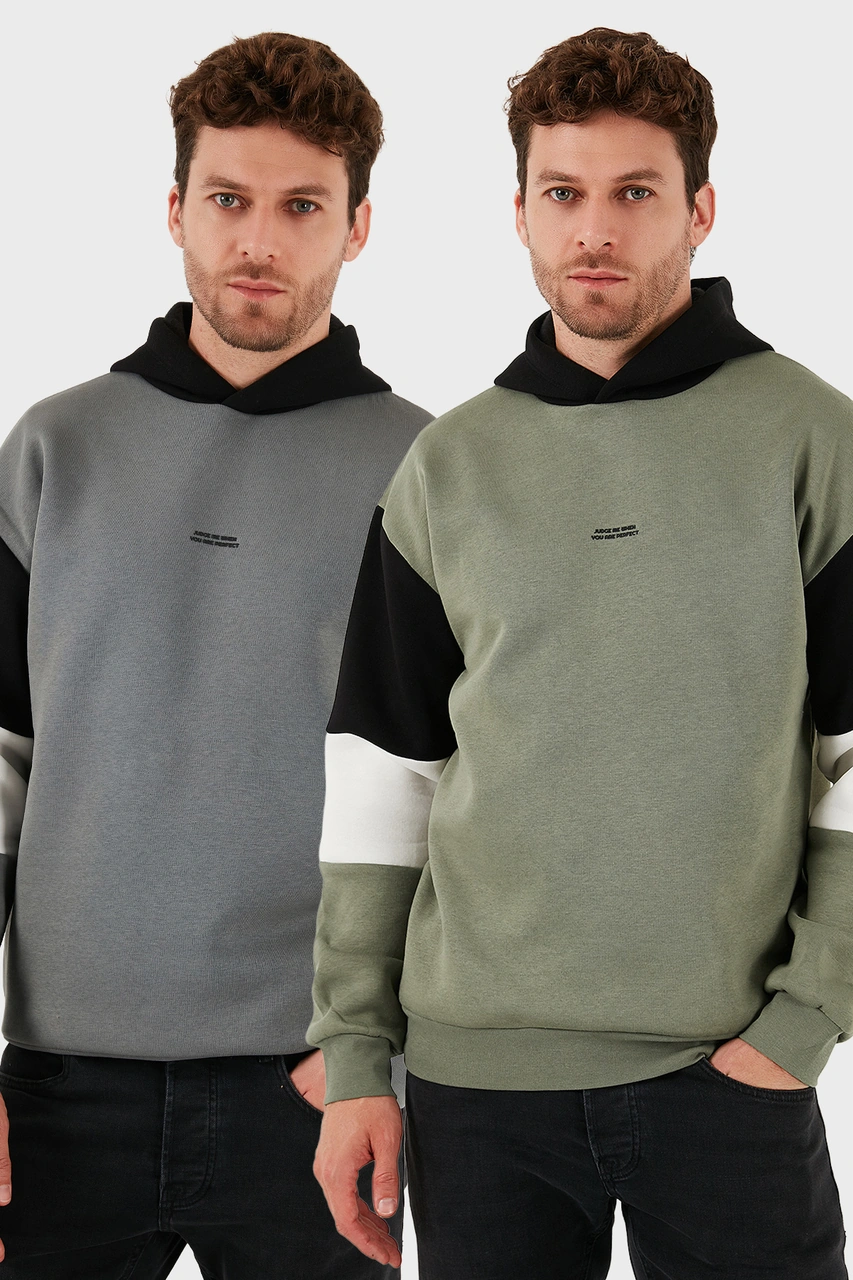 Buratti Pamuklu Relaxed Fit Kapüşonlu Içi Tüylü Yumuşak Şardonlu 2' Li Paket Erkek Sweat 5905299S2 Açık Haki-Haki