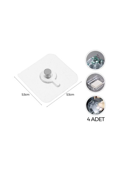 Enfa Enf-358 Tek Düğmeli Yapışkanlı Askı 4'lü Set - Mika Kristal Şeffaf Pvc- 100'li Paket