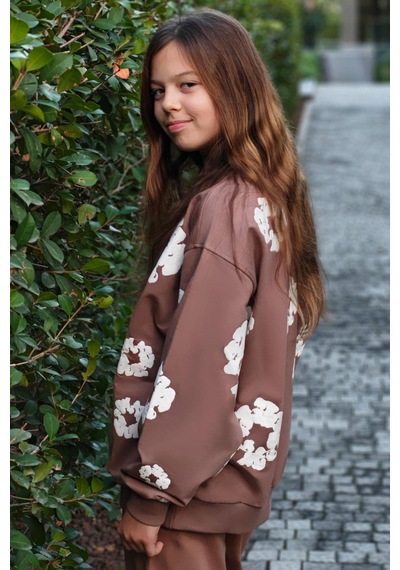Locoloco Kız Çocuk Sweatshirt Çiçek Baskılı 9-14 Yaş, Kahverengi Kahverengi