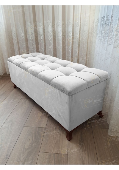 Çizgi Kapitoneli Sandıklı Puf 90 Cm Ceviz Ayak Beyaz