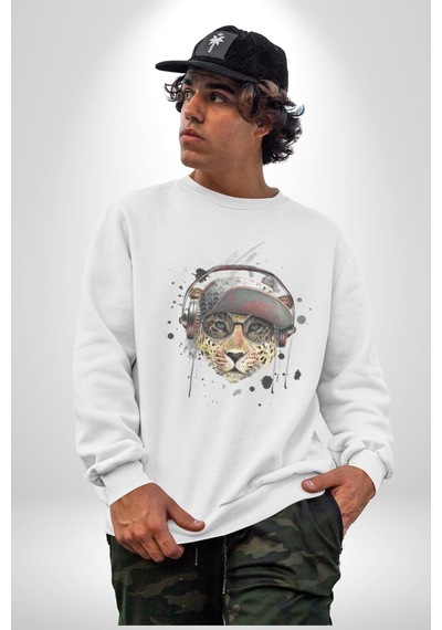 Pop Art Kaplan Müzik Kulaklık Güneş Gözlüğü Unisex Beyaz Baskılı Sweatshirt Beyaz