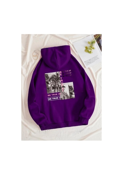 Medinenur Be True Arka Baskılı Kapüşonlu Cepli Sweatshirt Mor