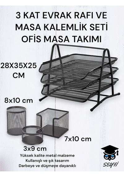 3 Kat Metal Evrak Rafı Ve 3 Lü Masa Kalemlik Seti Ofis Takımı Metal Perfore Siyah Çok Renkli
