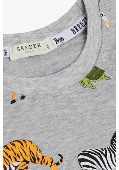 Breeze Erkek Çocuk Takım Şortlu Güçlü Hayvanlar Desenli 1.5 - 5 Yaş Gri Melanj - Gri Melanj
