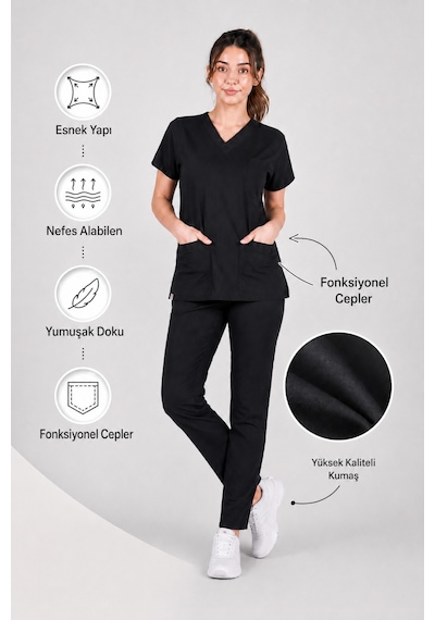 Üniforma Siyah Hemşire Ve Doktor Forması Scrubs Takımı Likralı Alt Üst Üniforma Unisex Yarasa Kol