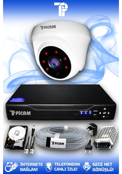 Picam 1 Kameralı Dome 1 İç Kamera Set 320 GB HDD Full HD Gece Görüşlü Güvenlik Kamerası Sistemi