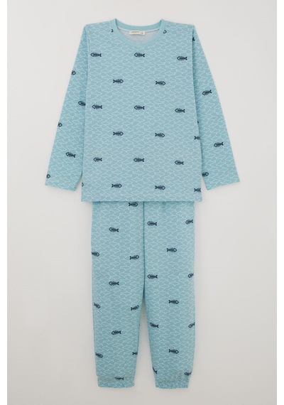 Breeze Erkek Çocuk Pijama Takımı Deniz Temalı Köpekbalığı Desenli 4-8 Yaş , Turkuaz