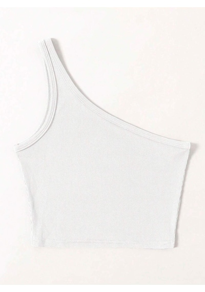 Liona Asimetrik Yaka Kolsuz Tek Omuz Askılı Beyaz Renk Fitilli Crop Top Bluz Beyaz